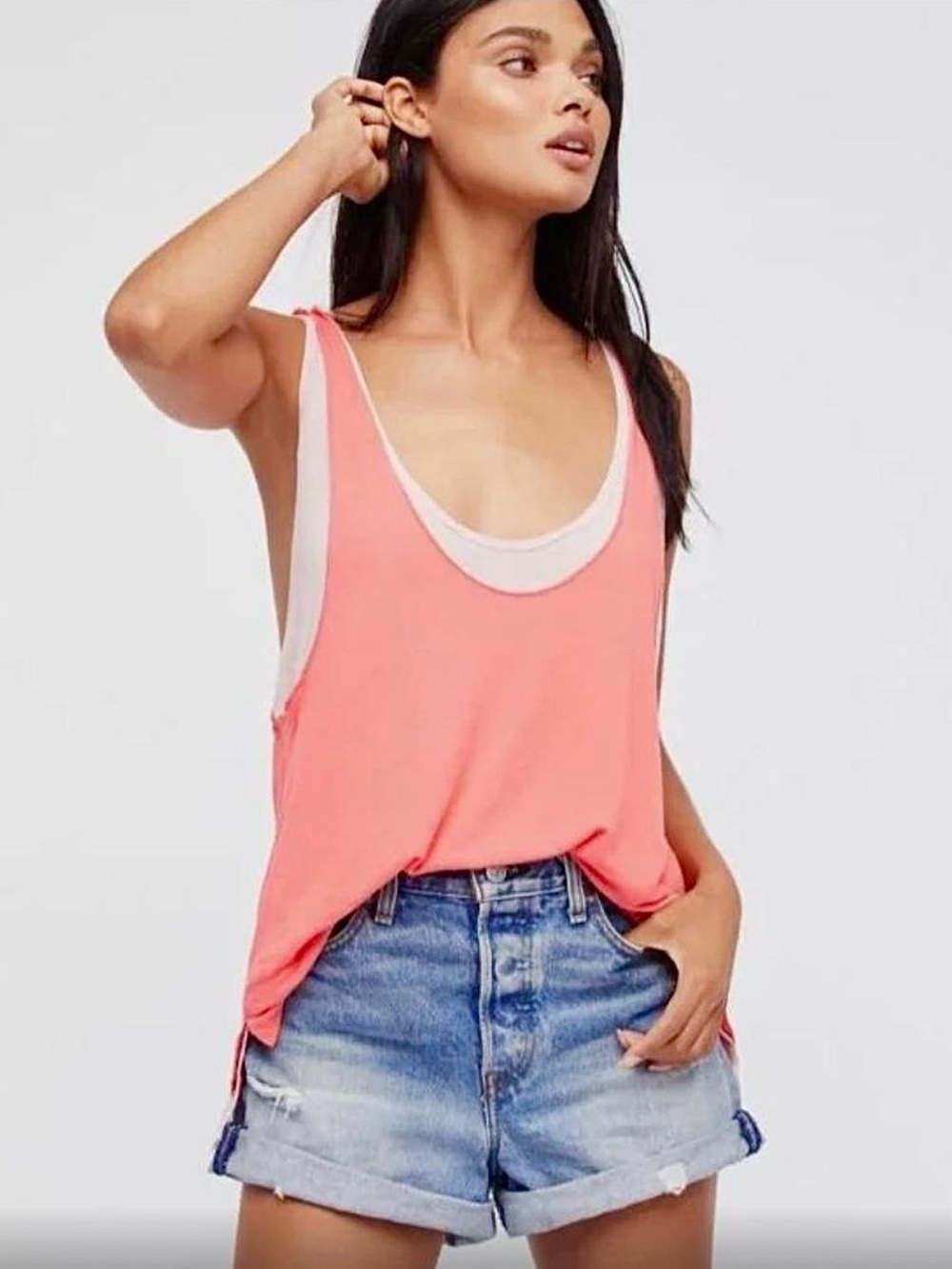 Free People Karmen Layered Tank Top Oversized XS Coral